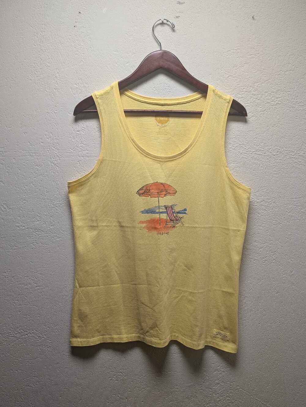 Life Is Good Yellow Tank Top Large Unplug Sun Beach Umbrella Graphic Sleeveless